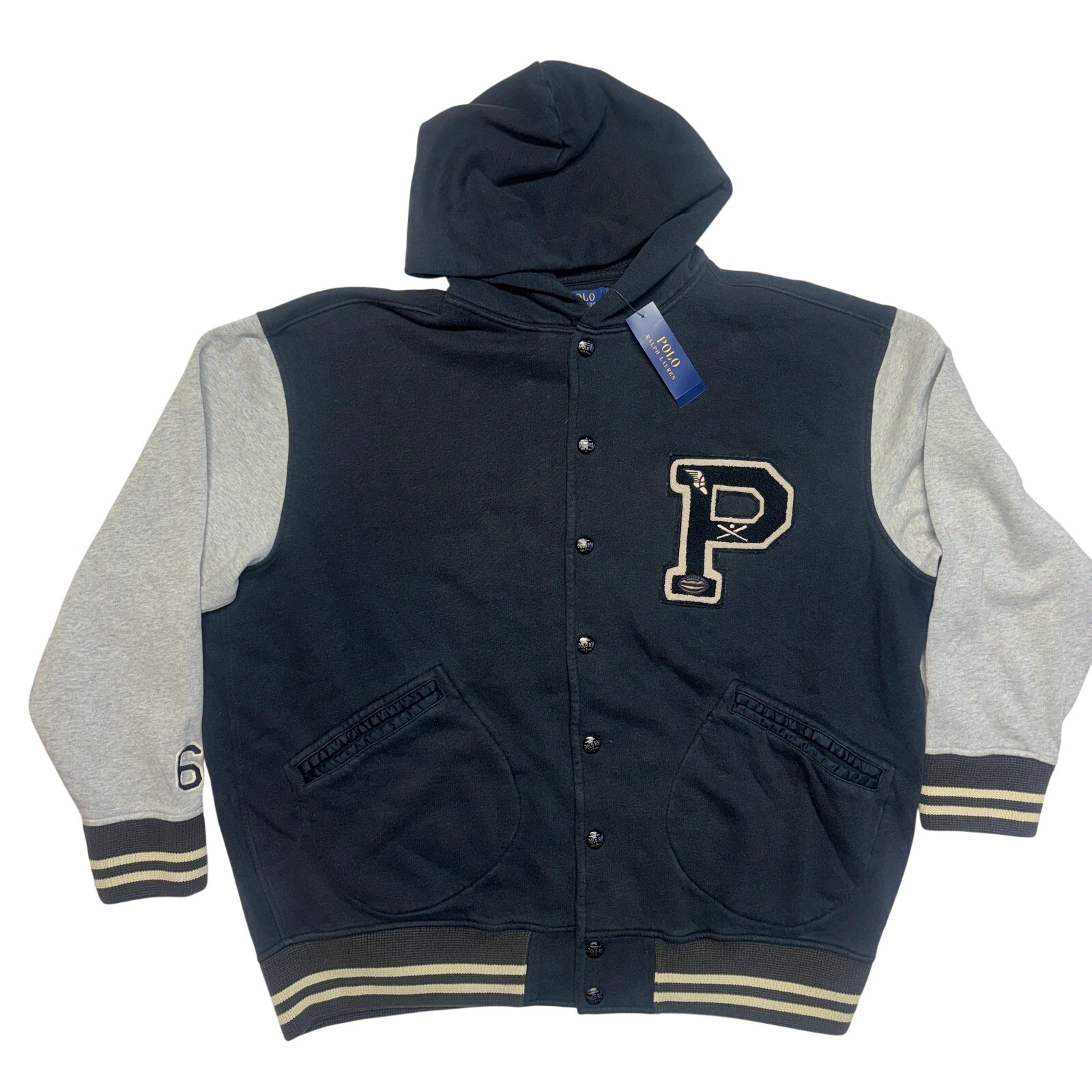 Polo Ralph Lauren Hoodie 2xb Black Gray P Wing Varsity Baseball Jacket Rugby Nwt
